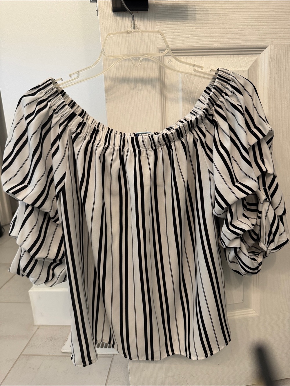 She + Sky Black and Cream Striped Off-the-Shoulder Top